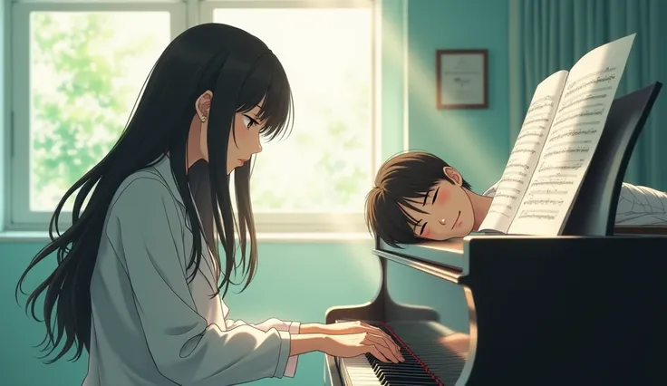  Aya sitting in front of the piano in the hospital room （20 years old、woman、 Japanese）。  long black hair down 、 wears a light blue dress 。  with a serious expression placing her finger on the keyboard 、 plays in an elegant posture 。 Sou（３0 years old、male、 ...