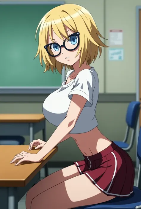 screenshot of my hero academia, side profile, light blonde hair, bright blue eyes, (((oversized cat-eye glasses))), T-shirt, exposed waist, petite with huge bust, ((huge sexy breasts)), sitting at a table in a classroom, skirt, with his cold gaze 