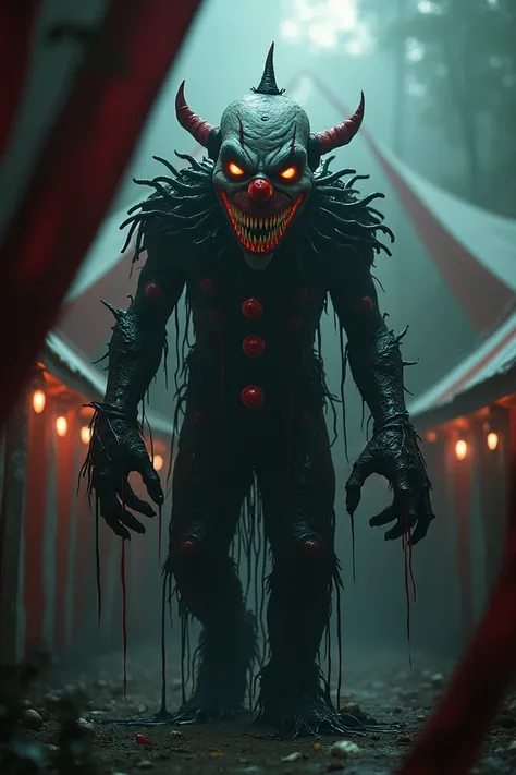 "A terrifying hybrid creature with the face of a sinister clown, featuring exaggerated, sharp teeth and a wide, menacing grin reminiscent of Venom. Its body is covered in black, goo-like symbiote material that drips and moves on its own, with bright red an...