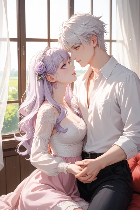 A young anime-style couple, positioned centrally. The girl, with long, light-white hair and light purple eyes, wears a white lace dress.  The boy, with similarly light white hair and warm orange eyes, wears a white button-up shirt and dark pants. Both are ...