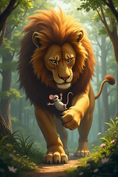 The lion holding the mouse in his paw, while the mouse pleads for forgiveness.