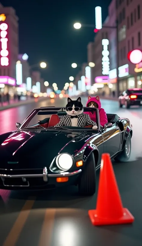 A black convertible is drifting on a city street, avoiding orange traffic cones. At the wheel is a black and white cat in a striped suit and sunglasses, confidently driving the car. On the passenger seat sits a cat in a bright pink outfit, exuding style an...