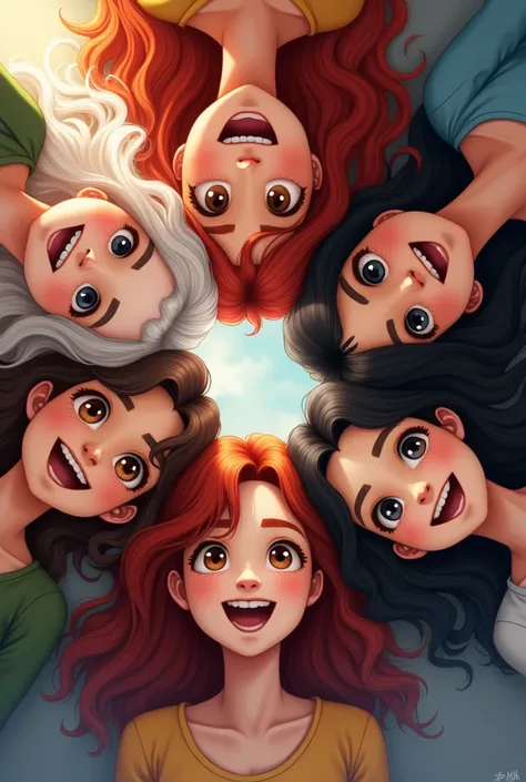  Create 5 s in a circle of friends ,  one is curly and white , Another is a redhead ,  another two have brown hair and one is a brunette with black hair