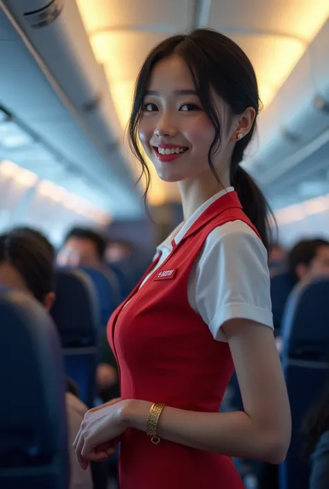 a beautiful japanese woman, 24 years old, ANA flight attendant, smiling, black hair, full body, airplane is fully booked, sweating, large breasts, beautiful legs, flight attendant standing up straight, putting passengers luggage in the overhead compartment...