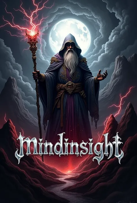 Create a heavy metal band logo with the name spelled Mindinsight, with a wizard in the background in a chaotic setting  