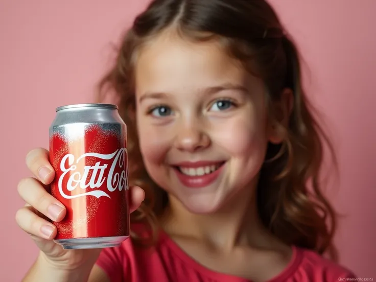 A beautiful girl holding a "Soft Cola" can with the logo of the can clearly visible for the soft cola commercial banner, her cheerful expression highlighting the sleek can with its bold, vibrant label.