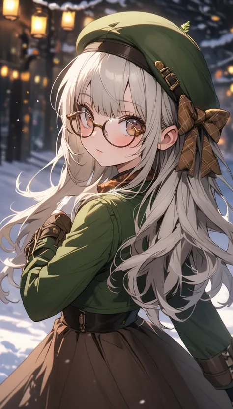 winter, shirt, Glasses with thin rim, White hair, Brown eyes, Brown tie, brown skirt, dark green beret, Dark green jacket, girl with , steampunkai, country girl