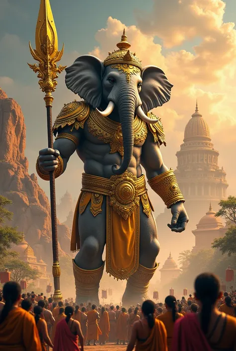  Warrior Elephant Hybrid :  An imposing humanoid elephant about 8 meters tall . Your body is muscular,  highlighting strength and power ,  with a realistic elephant head .

golden armor:  The hybrid wears armor ornamented in gold ,  with fine details and e...