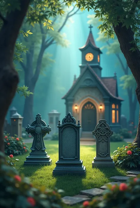  Fun cemetery with three graves, a chapel and a ray of light 