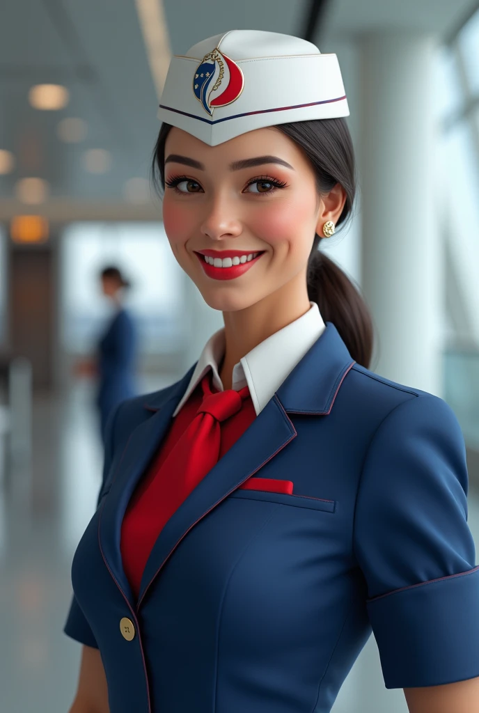 Une hôtesse de l’air Air France, avec un uniforme et un képi avec le logo Air France (hippocampe)
Il faut reprendre les anciens uniformes avec les robes bleu marine. Les costumes blancs pour les hommes. Il faut aussi garder le noeud rouge caractéristique d...