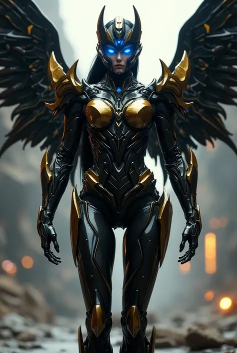 Create a black and gold colored female transformers autobot with blue optics and black metal wings behind her. Make her pose and add a background.