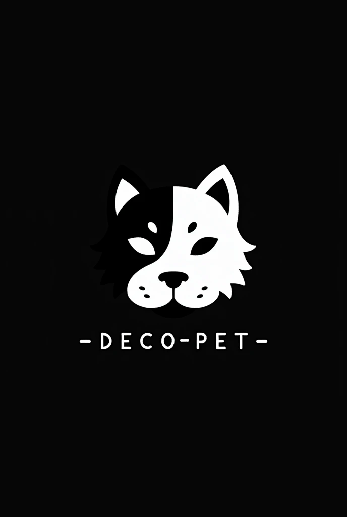 A black and white logo on a black background with half the face of a cat and a dog 
with the word DECO-PETS