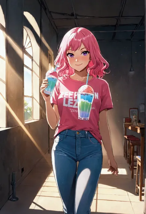 anipoma1,(masterpiece, best illustration, best manga), solo, 1girl, violet eyes, (shiny skin, soft hair), (holding a milkshake), freckles, (bright pink two tone hair:1.3), (wearing a led zepplin tshirt, denim jeans), (extreme light and shadow, volumetric l...