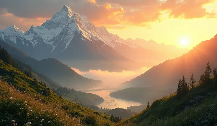 Create a highly detailed and realistic depiction of a golden Himalayan sunset. The sun is low on the horizon, casting its warm, golden rays over the majestic snow-capped peaks and painting the mountains in shades of gold and amber. The sky is a blend of vi...