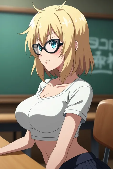 screenshot of my hero academia, side profile, light blonde hair, bright blue eyes, (((oversized cat-eye glasses))), T-shirt, exposed waist, petite with huge bust, ((huge sexy breasts)), sitting at a table in a classroom, skirt, with his cold gaze 