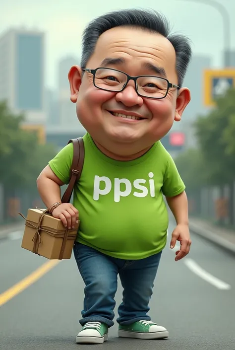 Realistic 4D caricature photo, big head, a middle-aged Asian male, 50 years old, clean face, oval face, thin body, wearing clear glasses, neat short black hair, wearing a bright green T-shirt that says "PPSI" jeans pants, sports sneakers, standing pose whi...