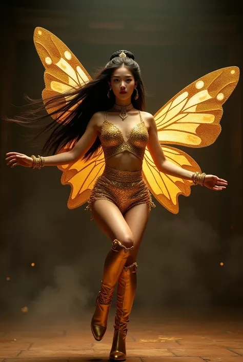 A captivating woman Chinese buatifull Turn your face straight and look at the camera,in a dazzling gold costume, featuring a sequined butterfly-shaped top and matching high-waisted shorts, performs a dynamic dance. She wears tall, gold boots and striking g...