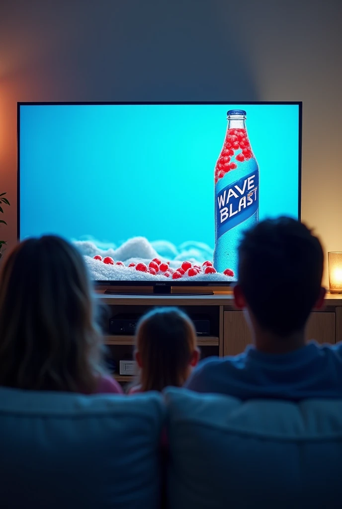 A family of more than 5 people watching a television advertisement from their television displaying a video of a soda drink where the drink is coloured sea blue with red boba pearls inside the drink inside a long neck glass bottle with an empty blue gradie...