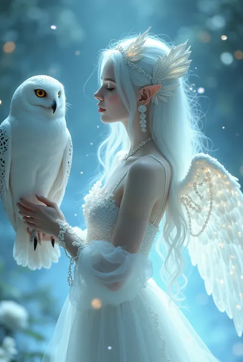 This image depicts a serene, ethereal scene featuring a delicate figure playing a full white owl from harry potter with white aura glass dress and white wings. The character appears otherworldly, with pale skin and long, flowing white hair adorned with int...