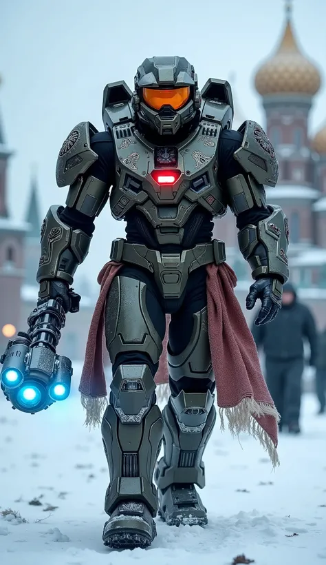 A Russian-inspired Master Chief in heavy, fur-lined power armor with intricate Slavic embroidery and glowing red and blue lights. His weapons include a frost-glowing energy hammer, a wrist-mounted grenade launcher, and a deployable battle drone. He strides...