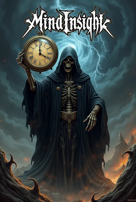 Crie um logo de banda heavy metal com o nome  escrito Mindinsight,  with death with a time clock in the hands in the background, in a chaotic scenario  