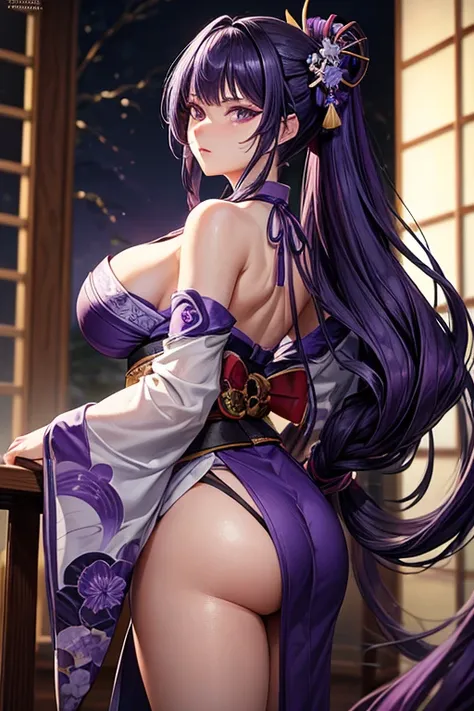 "This beautiful illustration depicts Raiden Ei from Genshin Impact with her long, dark purple hair flowing down her back, styled in her iconic braided ponytail. She stands gracefully in a traditional Japanese kimono, the deep plum color of the fabric accen...