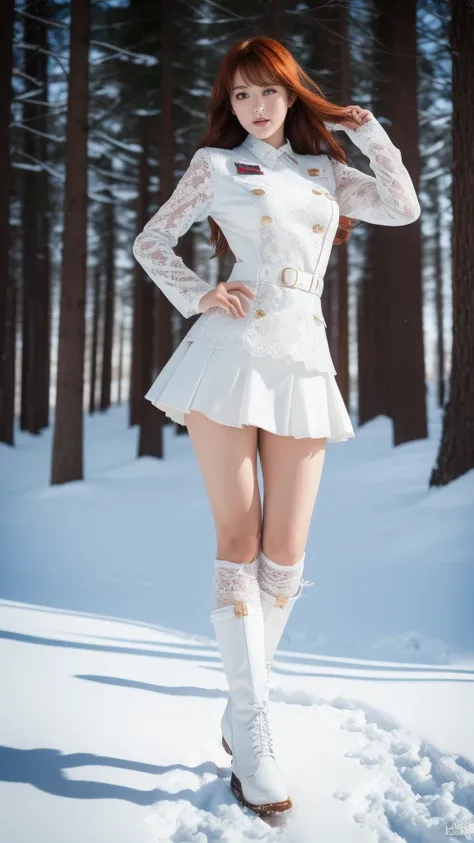 Sexy facial expressions,Detailed Faces,Sexy poses, ((Female soldier ))，(((Wild snow)))，((Masterpiece:1.2, Best quality)),Movie,offcial art,promotional art,movie wallpapers,（Red hair.）, （White suit mini dress，Double-breasted style，White pleated skirt hem）,U...