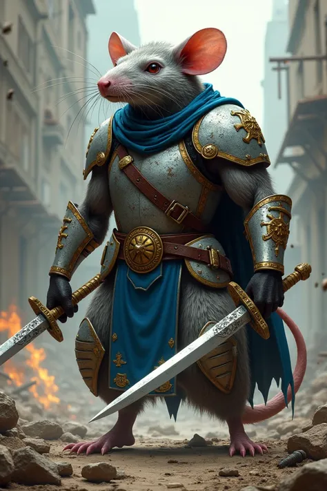  Creates an image of a giant rat warrior with a blue hood and light armor, using a shortsword and a rapier .