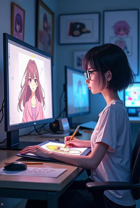  A university girl with glasses and short hair, drawing anime characters in anime studio. 