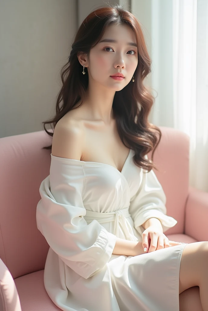  Carafe woman in a white dress sitting on a pink sofa, Photo by Nhi Tien, Tumbler, Romanticism,  wearing a simple robe , Wear a simple robe,  gorgeous young Korean woman ,  beautiful woman, Beautiful Korean Women, 白い服を着た beautiful woman,  a loose robe , fl...