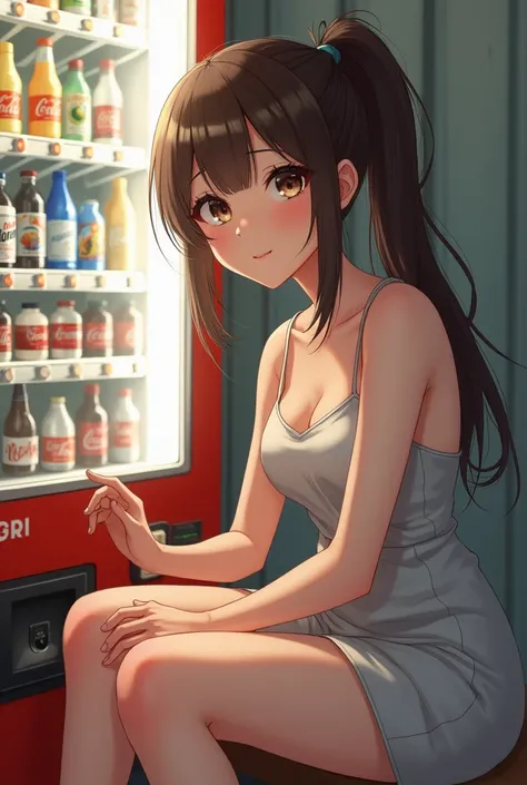 1girl, beautiful detailed eyes, beautiful detailed lips, extremely detailed eyes and face, long eyelashes, japanese woman, brown ponytail, buying cola from vending machine, sitting, natural makeup, light makeup, mini dress, bare feet in crocs, thighs, calf...