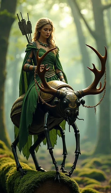 A hyper-realistic macro photograph of a serene forest guardian draped in leafy green armor, carrying a longbow strung with golden vines. She rides a majestic stag beetle with massive, polished horns, standing atop a moss-covered log. The background feature...