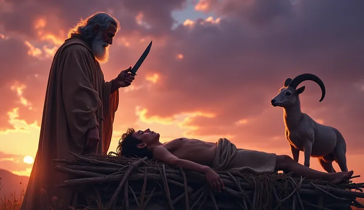 Create a digital artwork inspired by the scene of Abraham about to sacrifice his son Isaac. a young man with 15-year-old and no beard, is lying on a wooden altar covered in sticks, his body partially covered with a His expression is calm and resigned, as h...