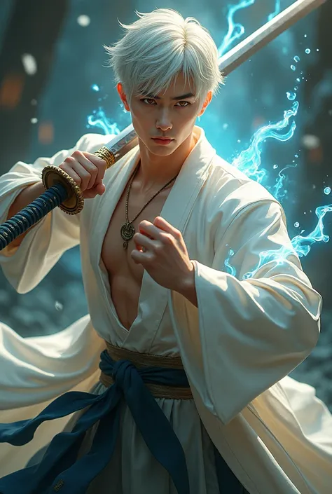 asian man, wear minimum clothing, swordman, using japanese sword, use light magic, fantasy, realistic, short hair, white hair, Golden Eye, Raise eyebrows,  tempting expression , 