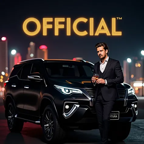  a normal heavy face 27 years old guy with  french beard and nice messy hair style one sided little long  hair  guy wearing nice premium designer black  suit stand near bonnet of front side of   black fortuner car holding one glass of whiskey background is...