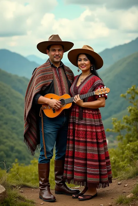 Create an image of Venezuelans, man, woman and , with hat, Ruana with a mandolin against the background of green mountains in Tachirense
