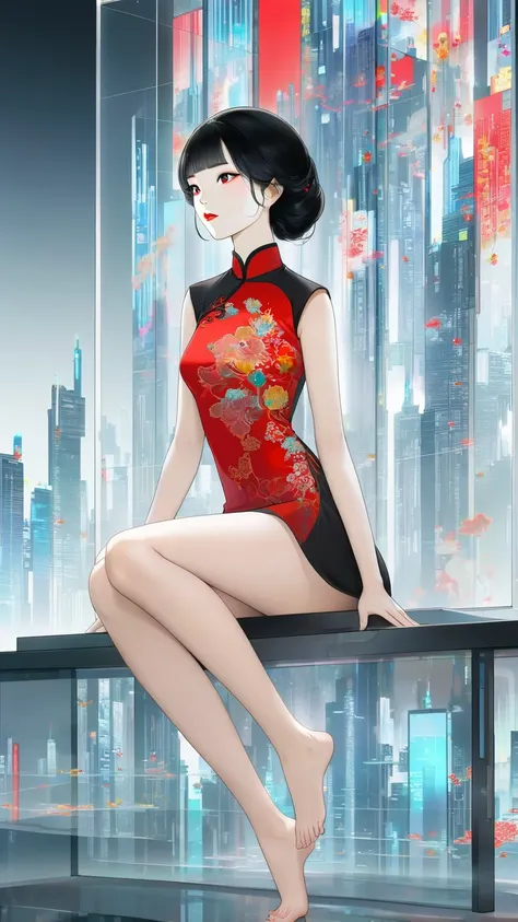 A minimalist, elegant illustration of an asian black haired woman sitting in front a large glass panel,  futuristic city background. She is wearing a short colorful embroidered upskirt qipao, full bare legs, barefoot, full red lips, side view