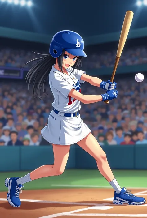 A high-resolution action shot of a Japanese pretty girl in a mini dress of Dodgers , Swinging a bat and hitting a ball during a game, Wearing blue gloves and a helmet of  Dodgers ,  The background is filled with a crowd of spectators, Creating a lively and...