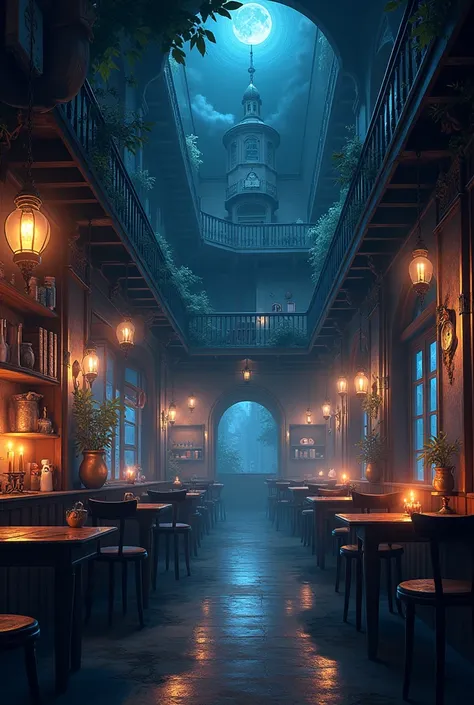 spooky cafe theme  background, inside the cafe, spooky, anime background, anime style