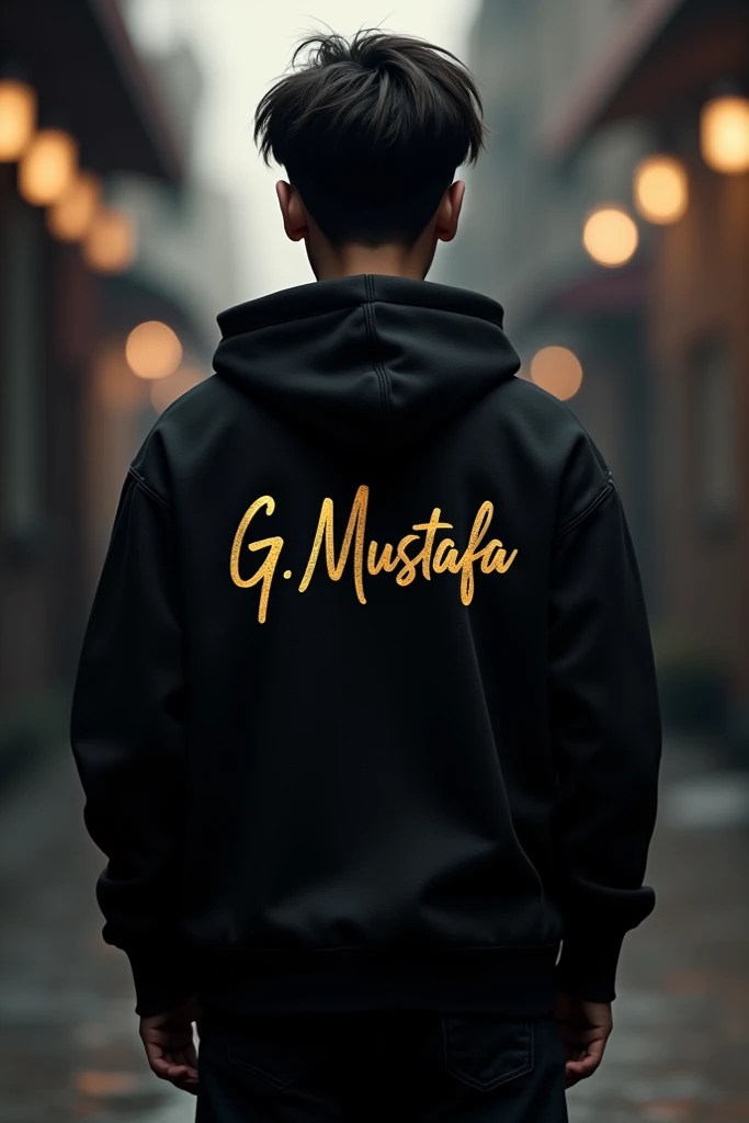 18 year old boy wear black hoodie show back side write hi name with gold colour his name G. MUSTAFA 