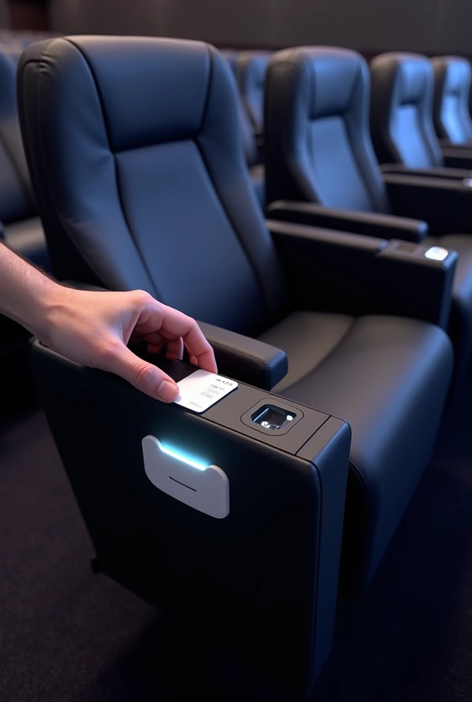 Image of a person swiping the card in a movie theater chair with the invention of a locking system that unlocks the armchair from the card to be passed, freeing the seat to sit with this system on the armrest of the armchair with this system so that it doe...