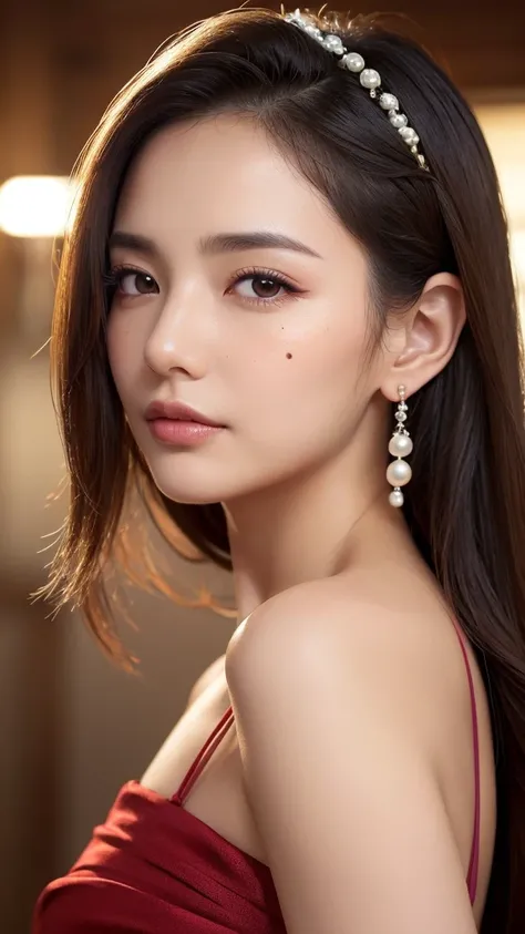 Lucky Face 、(( a large prominent mole in the center of the forehead )) 、A mole shines 、Beautiful and sophisticated eyes、Red Nose、 Pearl Earrings 、 a large prominent mole in the center of the forehead がある女性、 Beautiful and Detailed Eyes 、Beautiful and detail...