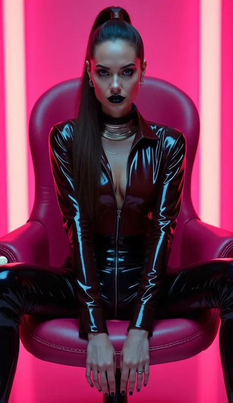 angelina jolie, assise sur fauteuil latex rose fluo jambes écartées avec mains entre les jambes latex, brillant, futuriste, chemise latex t-shirt latex marron rouge foncé, col roulé latex marron rouge foncé, t-shirt zippé latex marron rouge foncé, cape lat...