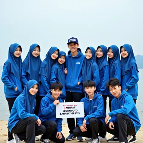 Close up of a group of NINE beautiful korean women in hijab standing wearing a blue hoodie wearing a hat that says "EPSG ",  in front of him there are FOUR handsome korean men crouching .  Wearing a blue hoodie , their faces look real and in front of them ...