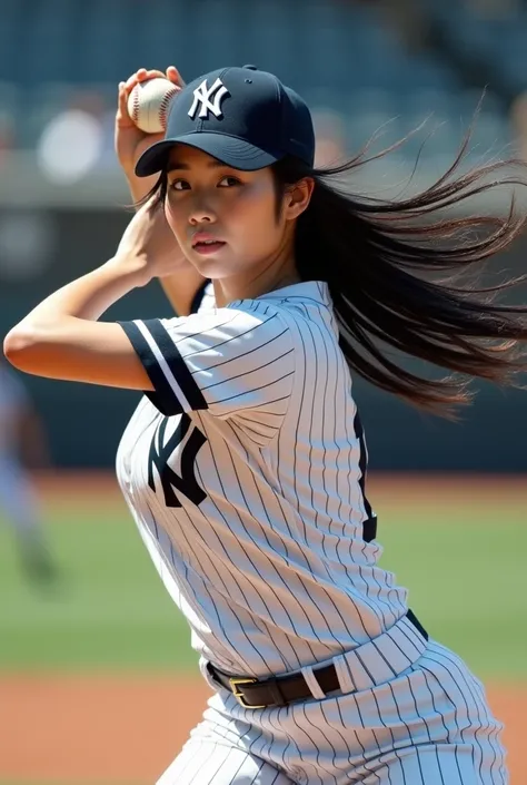 A high-quality, masterpiece, photorealistic portrait of a stunningly beautiful Japanese idol with long black hair, wearing a white Yankees uniform with the number 1 on the back, cap on, throwing a powerful fastball with her left hand, captured at the Yanke...