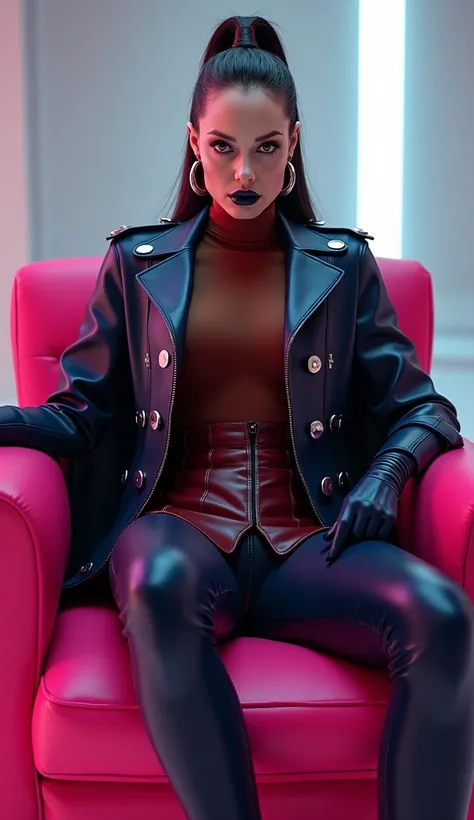 angelina jolie, assise sur fauteuil latex rose fluo de facon non chaland, brillant, futuriste, chemise latex t-shirt latex marron rouge foncé, col roulé latex marron rouge foncé, t-shirt zippé latex marron rouge foncé, cape latex bleu marine, larges épaule...