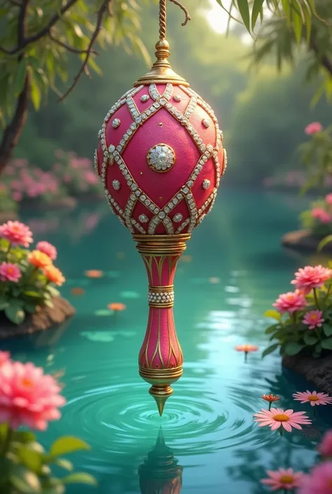 Maraca (Indian rattle ) In pink and gold colors, with white crystals.  It is hanging over a crystal clear lake,  in the middle of a flowery garden  