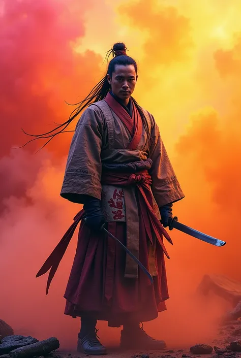 The image features a figure dressed in a traditional outfit reminiscent of a samurai, complete with a katana. The background is a vibrant explosion of colors, including oranges, pinks, and yellows, creating a dynamic and energetic atmosphere. The figure st...