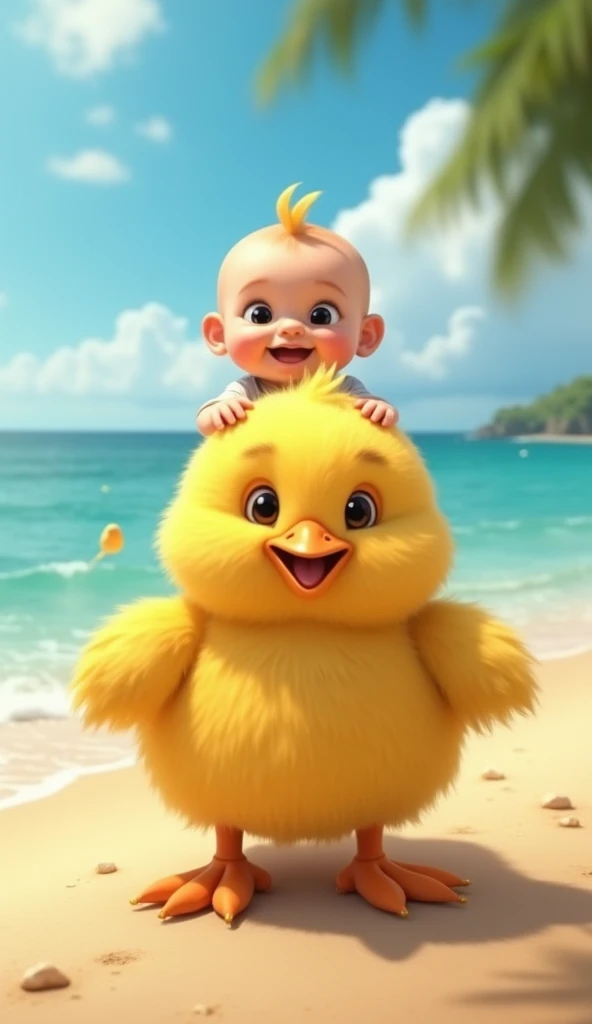  A cute and smiling baby riding a giant yellow chick on a sunny beach. The baby seems to be having fun , with an expression of joy.  The chick has realistic details ,  soft feathers and well-defined paws ,  while the background shows the blue sky and the s...