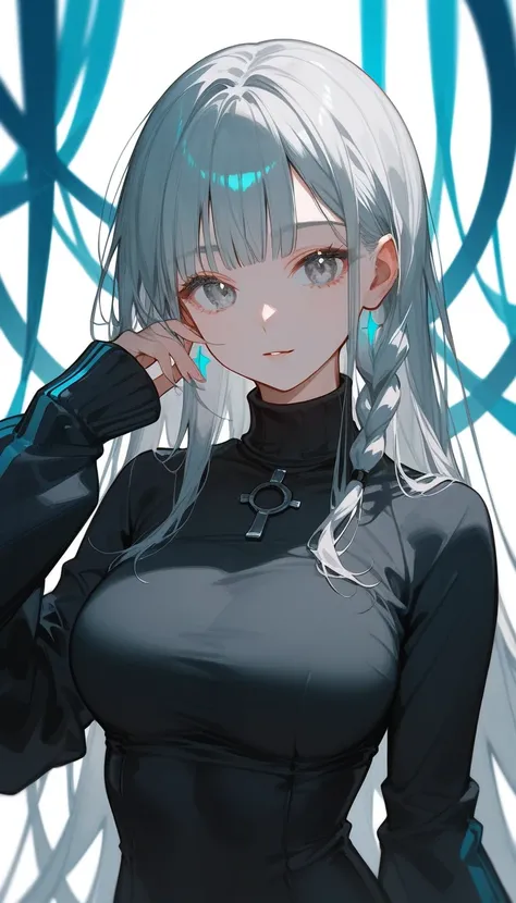 (front view), score_9, score_8_up, score_7_up, (solo), 1girl, gray eyes, eyelashes, locks, turquoise , blunt bang , long hair, gray hair, (((hand raised up)) ,(((pose))), sleeves, black turtleneck, fingers, medium breast, lattice, (milf), braid on head